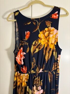 French Grey Navy Dress with Mustard Botanical Print